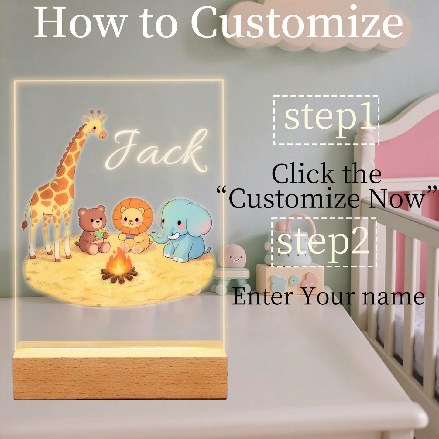 Personalized Animal Night Light Custom Name Acrylic LED Lamp, Forest Cartoon Pattern Home Bedroom Decor Unique Birthday Gift