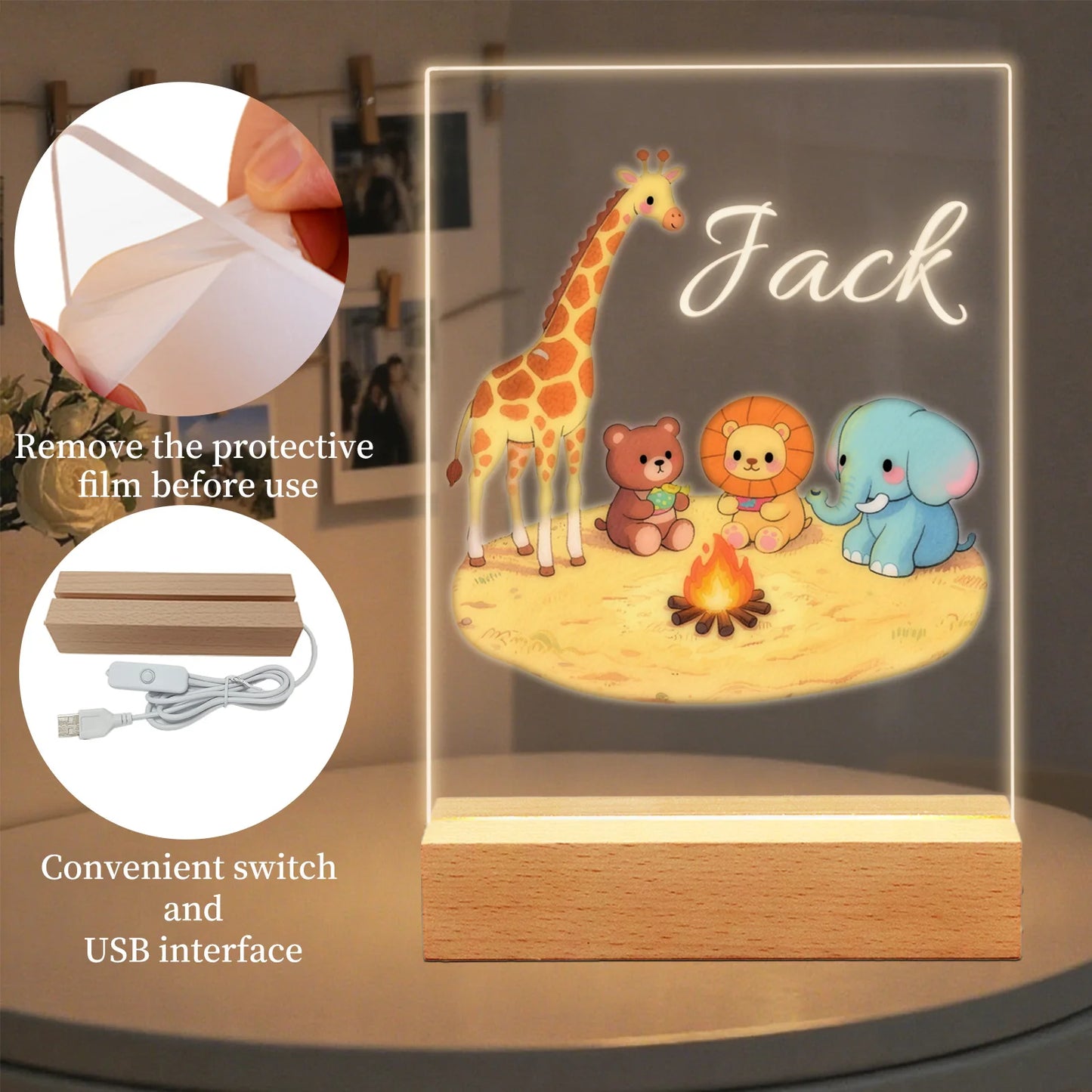 Personalized Animal Night Light Custom Name Acrylic LED Lamp, Forest Cartoon Pattern Home Bedroom Decor Unique Birthday Gift